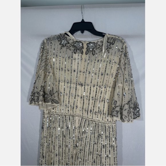 NWT $578 Mac Duggal [ 10 ] Embellished Beaded Flounce Sleeve Midi Dress‎ Cream - Picture 14 of 15